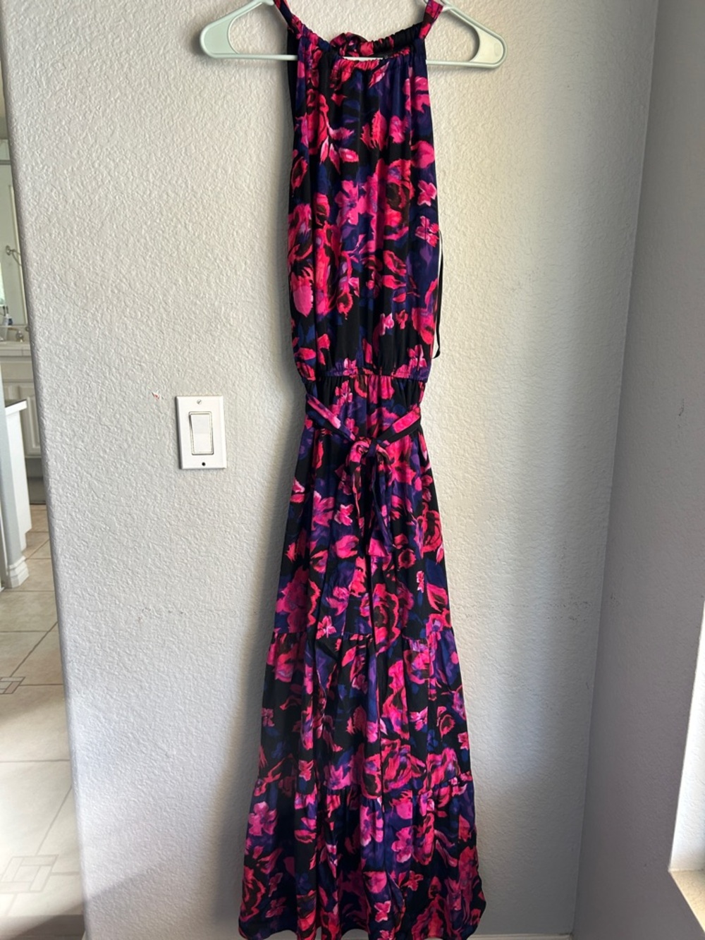 Halter Floral Maxi Dress in Navy and Fuchsia
